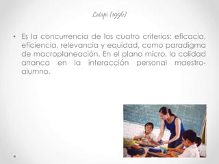 Latapí (1996)
• Es la concurrencia de los cuatro criterios: eficacia,
eficiencia, relevancia y equidad, como paradigma
de macroplaneación. En el plano micro, la calidad
arranca en la interacción personal maestro-
alumno.
 