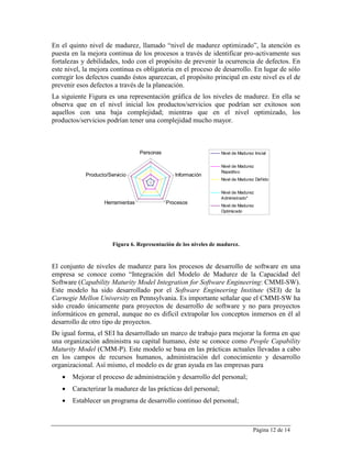 En el quinto nivel de madurez, llamado “nivel de madurez optimizado”, la atención es
puesta en la mejora continua de los procesos a través de identificar pro-activamente sus
fortalezas y debilidades, todo con el propósito de prevenir la ocurrencia de defectos. En
este nivel, la mejora continua es obligatoria en el proceso de desarrollo. En lugar de sólo
corregir los defectos cuando éstos aparezcan, el propósito principal en este nivel es el de
prevenir esos defectos a través de la planeación.
La siguiente Figura es una representación gráfica de los niveles de madurez. En ella se
observa que en el nivel inicial los productos/servicios que podrían ser exitosos son
aquellos con una baja complejidad; mientras que en el nivel optimizado, los
productos/servicios podrían tener una complejidad mucho mayor.



                                  Personas                        Nivel de Madurez Inicial


                                                                  Nivel de Madurez
                                                                  Repetitivo
            Producto/Servicio                   Información
                                                                  Nivel de Madurez Defiido


                                                                  Nivel de Madurez
                                                                  Administrado"
                   Herramientas              Procesos
                                                                  Nivel de Madurez
                                                                  Optimizado




                       Figura 6. Representación de los niveles de madurez.


El conjunto de niveles de madurez para los procesos de desarrollo de software en una
empresa se conoce como “Integración del Modelo de Madurez de la Capacidad del
Software (Capability Maturity Model Integration for Software Engineering: CMMI-SW).
Este modelo ha sido desarrollado por el Software Engineering Institute (SEI) de la
Carnegie Mellon University en Pennsylvania. Es importante señalar que el CMMI-SW ha
sido creado únicamente para proyectos de desarrollo de software y no para proyectos
informáticos en general, aunque no es difícil extrapolar los conceptos inmersos en él al
desarrollo de otro tipo de proyectos.
De igual forma, el SEI ha desarrollado un marco de trabajo para mejorar la forma en que
una organización administra su capital humano, éste se conoce como People Capability
Maturity Model (CMM-P). Este modelo se basa en las prácticas actuales llevadas a cabo
en los campos de recursos humanos, administración del conocimiento y desarrollo
organizacional. Así mismo, el modelo es de gran ayuda en las empresas para
      Mejorar el proceso de administración y desarrollo del personal;
      Caracterizar la madurez de las prácticas del personal;
      Establecer un programa de desarrollo continuo del personal;



                                                                                   Página 12 de 14
 