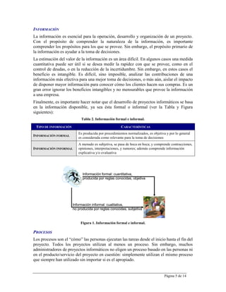 INFORMACIÓN
La información es esencial para la operación, desarrollo y organización de un proyecto.
Con el propósito de comprender la naturaleza de la información, es importante
comprender los propósitos para los que se provee. Sin embargo, el propósito primario de
la información es ayudar a la toma de decisiones.
La estimación del valor de la información es un área difícil. En algunos casos una medida
cuantitativa puede ser útil si se desea medir la rapidez con que se provee, como en el
control de deudas, o en la reducción de la incertidumbre. Sin embargo, en estos casos el
beneficio es intangible. Es difícil, sino imposible, analizar las contribuciones de una
información más efectiva para una mejor toma de decisiones, o más aún, aislar el impacto
de disponer mayor información para conocer cómo los clientes hacen sus compras. Es un
gran error ignorar los beneficios intangibles y no mensurables que provee la información
a una empresa.
Finalmente, es importante hacer notar que el desarrollo de proyectos informáticos se basa
en la información disponible, ya sea ésta formal o informal (ver la Tabla y Figura
siguientes):
                            Tabla 2. Información formal e informal.

 TIPO DE INFORMACIÓN                                  CARACTERÍSTICAS
                          Es producida por procedimientos normalizados, es objetiva y por lo general
INFORMACIÓN FORMAL
                          es considerada como relevante para la toma de decisiones
                          A menudo es subjetiva, se pasa de boca en boca; y comprende contracciones,
INFORMACIÓN INFORMAL      opiniones, interpretaciones, y rumores; además comprende información
                          explicativa y/o evaluativa




                             Información formal: cuantitativa,
                             producida por reglas conocidas, objetiva




                       Información informal: cualitativa,
                       no producida por reglas conocidas, subjetiva


                            Figura 1. Información formal e informal.

PROCESOS
Los procesos son el “cómo” las personas ejecutan las tareas desde el inicio hasta el fin del
proyecto. Todos los proyectos utilizan al menos un proceso. Sin embargo, muchos
administradores de proyectos informáticos no eligen un proceso basado en las personas ni
en el producto/servicio del proyecto en cuestión: simplemente utilizan el mismo proceso
que siempre han utilizado sin importar si es el apropiado.


                                                                                  Página 5 de 14
 