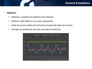 Control Estadístico
• Objetivos:
• Detectar y clasificar los defectos del software.
• Rastrear cada defecto a su causa subyacente.
• Aislar las causas vitales de la fuente principal de todos los errores.
• Corregir los problemas que han causado los defectos.
17
8 9 10
6 7
9
16
7
10
14
8
6
8
16
11
5
11 12
9
0
5
10
15
20
25
1 2 3 4 5 6 7 8 9 10 11 12 13 14 15 16 17 18 19 20
Datos Media LSC LIC
 