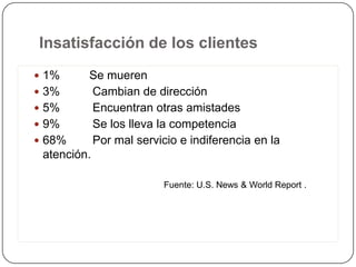 Insatisfacción de los clientes
 1%       Se mueren
 3%        Cambian de dirección
 5%        Encuentran otras amistades
 9%        Se los lleva la competencia
 68%       Por mal servicio e indiferencia en la
  atención.

                         Fuente: U.S. News & World Report .
 
