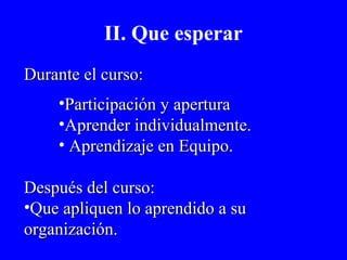 II. Que esperar 
DDuurraannttee eell ccuurrssoo:: 
•PPaarrttiicciippaacciióónn yy aappeerrttuurraa 
•AApprreennddeerr iinnddiivviidduuaallmmeennttee.. 
• AApprreennddiizzaajjee eenn EEqquuiippoo.. 
DDeessppuuééss ddeell ccuurrssoo:: 
•QQuuee aapplliiqquueenn lloo aapprreennddiiddoo aa ssuu 
oorrggaanniizzaacciióónn.. 
 