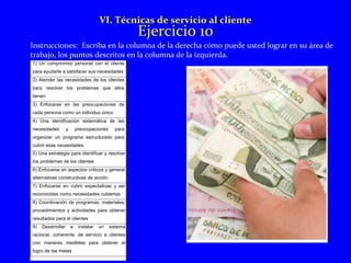 VI. Técnicas de servicio al cliente 
Ejercicio 10 
Instrucciones: Escriba en la columna de la derecha cómo puede usted lograr en su área de 
trabajo, los puntos descritos en la columna de la izquierda. 
1) Un compromiso personal con el cliente 
para ayudarle a satisfacer sus necesidades 
2) Atender las necesidades de los clientes 
para resolver los problemas que ellos 
tienen 
3) Enfocarse en las preocupaciones de 
cada persona como un individuo único 
4) Una identificación sistemática de las 
necesidades y preocupaciones para 
organizar un programa estructurado para 
cubrir esas necesidades 
5) Una estrategia para identificar y resolver 
los problemas de los clientes 
6) Enfocarse en aspectos críticos y generar 
alternativas constructivas de acción 
7) Enfocarse en cubrir expectativas y ser 
reconocidas como necesidades cubiertas 
8) Coordinación de programas, materiales, 
procedimientos y actividades para obtener 
resultados para el clientes 
9) Desarrollar e instalar un sistema 
racional, coherente, de servicio a clientes 
con maneras medibles para obtener el 
logro de las metas 
 