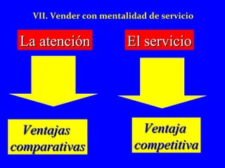 VII. Vender con mentalidad de servicio 
LLaa aatteenncciióónn EEll sseerrvviicciioo 
VVeennttaajjaass 
ccoommppaarraattiivvaass 
VVeennttaajjaa 
ccoommppeettiittiivvaa 
 