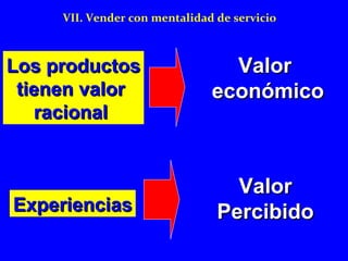 VII. Vender con mentalidad de servicio 
LLooss pprroodduuccttooss 
ttiieenneenn vvaalloorr 
rraacciioonnaall 
VVaalloorr 
eeccoonnóómmiiccoo 
EExxppeerriieenncciiaass 
VVaalloorr 
PPeerrcciibbiiddoo 
 
