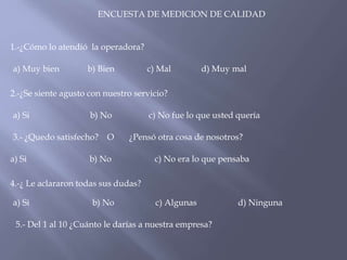 ENCUESTA DE MEDICION DE CALIDAD

1.-¿Cómo lo atendió la operadora?
a) Muy bien

b) Bien

c) Mal

d) Muy mal

2.-¿Se siente agusto con nuestro servicio?
a) Si

b) No

3.- ¿Quedo satisfecho? O
a) Si

c) No fue lo que usted quería

¿Pensó otra cosa de nosotros?

b) No

c) No era lo que pensaba

4.-¿ Le aclararon todas sus dudas?
a) Si

b) No

c) Algunas

5.- Del 1 al 10 ¿Cuánto le darías a nuestra empresa?

d) Ninguna

 