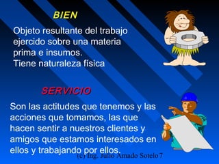 (c) Ing. Julio Amado Sotelo7
BIENBIEN
Objeto resultante del trabajo
ejercido sobre una materia
prima e insumos.
Tiene naturaleza física
SERVICIOSERVICIO
Son las actitudes que tenemos y las
acciones que tomamos, las que
hacen sentir a nuestros clientes y
amigos que estamos interesados en
ellos y trabajando por ellos.
 