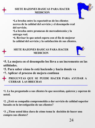 SIETE RAZONES BASICAS PARA HACER 
•La brecha entre la expectativas de los clientes 
acerca de la calidad del servicio y el desempeño real 
del servicio. 
•La brecha entre promesas de mercadotecnia y la 
entrega real. 
•4. Revisar lo que usted espera con el fín de mejorar 
la calidad del servicio y la satisfacción de sus clientes. 
PREGUNTAS QUE SE PUEDE HACER PARA AYUDAR A 
CERRAR LAS BRECHAS 
24 
MEDICION 
SIETE RAZONES BASICAS PARA HACER 
MEDICION 
•5. La mejora en el desempeño los lleva a un incremento en las 
utilidades. 
•5. Para saber cómo lo está haciendo y hacia donde va 
•7. Aplicar el proceso de mejora continua 
•1. Le ha preguntado a sus clientes lo que necesitan, quieren y esperan de 
usted. 
•2. ¿Está su compañía comprometida a dar servicio de calidad superior 
basado en la investigación de sus clientes? 
•3. ¿Tiene usted idea clara de cómo toma la decisión de hacer una 
compra sus clientes? 
 