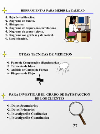 HERRAMIENTAS PARA MEDIR LA CALIDAD 
PARA INVESTIGAR EL GRADO DE SATISFACCION 
27 
•1. Hoja de verificación. 
•2. Diagrama de Pareto. 
•3. Histograma. 
•4. Diagrama de dispersión (correlación). 
•5. Diagrama de causa y efecto. 
•6. Diagrama con gráficas y de control. 
•7. Estratificación. 
OTRAS TECNICAS DE MEDICION 
•1. Punto de Comparación (Benchmarks) 
•2. Tormenta de Ideas 
•3. Análisis de Campo de Fuerza 
•4. Diagrama de Flujo 
DE LOS CLIENTES 
•1. Datos Secundarios 
•2. Datos Primarios 
•3. Investigación Cualitativa 
•4. Investigación Cuantitativa 
 