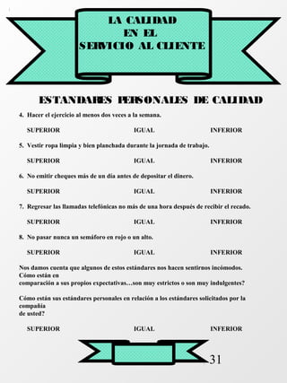 31 
LA CALIDAD 
EN EL 
SERVICIO AL CLIENTE 
ESTANDARES PERSONALES DE CALIDAD 
4. Hacer el ejercicio al menos dos veces a la semana. 
SUPERIOR IGUAL INFERIOR 
5. Vestir ropa limpia y bien planchada durante la jornada de trabajo. 
SUPERIOR IGUAL INFERIOR 
6. No emitir cheques más de un día antes de depositar el dinero. 
SUPERIOR IGUAL INFERIOR 
7. Regresar las llamadas telefónicas no más de una hora después de recibir el recado. 
SUPERIOR IGUAL INFERIOR 
8. No pasar nunca un semáforo en rojo o un alto. 
SUPERIOR IGUAL INFERIOR 
Nos damos cuenta que algunos de estos estándares nos hacen sentirnos incómodos. 
Cómo están en 
comparación a sus propios expectativas…son muy estrictos o son muy indulgentes? 
Cómo están sus estándares personales en relación a los estándares solicitados por la 
compañía 
de usted? 
SUPERIOR IGUAL INFERIOR 
 