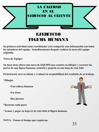 33 
LA CALIDAD 
EN EL 
SERVICIO AL CLIENTE 
EJERCICIO 
FIGURA HUMANA 
Su primera actividad como coordinador será compartir esta información con todos 
los miembros del equipo. Inmediatamente después realicen la tarea del equipo 
asignada. 
Tarea de Equipo: 
Su mesa tiene ahora una tarea de EQUIPO que consiste en dibujar y recortar las 
partes de una figura humana, armarla y pegarla en una hoja de rota folio 
El instructor será su cliente y evaluará la aceptabilidad del resultado de su trabajo. 
*Dibujar 
•Una cabeza humana 
•Un tórax 
•Dos piernas 
*Recortar cada parte 
*Armar y pegar en hoja (s) de rota folio la figura humana. 
NOTA: Tomen el tiempo que requieran. 
 