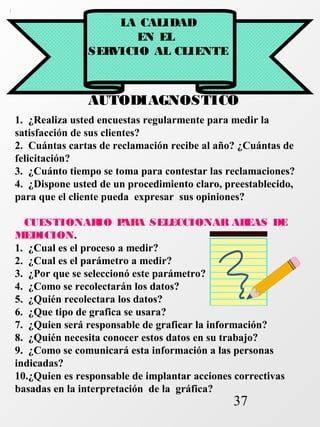 37 
LA CALIDAD 
EN EL 
SERVICIO AL CLIENTE 
AUTODIAGNOSTICO 
1. ¿Realiza usted encuestas regularmente para medir la 
satisfacción de sus clientes? 
2. Cuántas cartas de reclamación recibe al año? ¿Cuántas de 
felicitación? 
3. ¿Cuánto tiempo se toma para contestar las reclamaciones? 
4. ¿Dispone usted de un procedimiento claro, preestablecido, 
para que el cliente pueda expresar sus opiniones? 
CUESTIONARIO PARA SELECCIONAR AREAS DE 
MEDICION. 
1. ¿Cual es el proceso a medir? 
2. ¿Cual es el parámetro a medir? 
3. ¿Por que se seleccionó este parámetro? 
4. ¿Como se recolectarán los datos? 
5. ¿Quién recolectara los datos? 
6. ¿Que tipo de grafica se usara? 
7. ¿Quien será responsable de graficar la información? 
8. ¿Quién necesita conocer estos datos en su trabajo? 
9. ¿Como se comunicará esta información a las personas 
indicadas? 
10.¿Quien es responsable de implantar acciones correctivas 
basadas en la interpretación de la gráfica? 
 