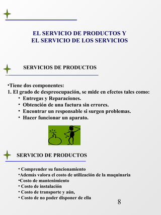 EL SERVICIO DE PRODUCTOS Y 
EL SERVICIO DE LOS SERVICIOS 
•Tiene dos componentes: 
1. El grado de despreocupación, se mide en efectos tales como: 
• Entregas y Reparaciones. 
• Obtención de una factura sin errores. 
• Encontrar un responsable si surgen problemas. 
• Hacer funcionar un aparato. 
8 
SERVICIOS DE PRODUCTOS 
SERVICIO DE PRODUCTOS 
• Comprender su funcionamiento 
•Además valora el costo de utilización de la maquinaria 
•Costo de mantenimiento 
• Costo de instalación 
• Costo de transporte y aún, 
• Costo de no poder disponer de ella 
 