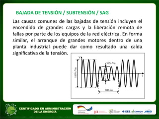 BAJADA	
  DE	
  TENSIÓN	
  /	
  SUBTENSIÓN	
  /	
  SAG	
  
Las	
  causas	
  comunes	
  de	
  las	
  bajadas	
  de	
  tensión	
  incluyen	
  el	
  
encendido	
   de	
   grandes	
   cargas	
   y	
   la	
   liberación	
   remota	
   de	
  
fallas	
  por	
  parte	
  de	
  los	
  equipos	
  de	
  la	
  red	
  eléctrica.	
  En	
  forma	
  
similar,	
   el	
   arranque	
   de	
   grandes	
   motores	
   dentro	
   de	
   una	
  
planta	
   industrial	
   puede	
   dar	
   como	
   resultado	
   una	
   caída	
  
signiﬁcaAva	
  de	
  la	
  tensión.	
  
 