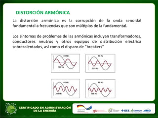 DISTORCIÓN	
  ARMÓNICA	
  
La	
   distorsión	
   armónica	
   es	
   la	
   corrupción	
   de	
   la	
   onda	
   senoidal	
  
fundamental	
  a	
  frecuencias	
  que	
  son	
  múlAplos	
  de	
  la	
  fundamental.	
  	
  
	
  
Los	
  síntomas	
  de	
  problemas	
  de	
  las	
  armónicas	
  incluyen	
  transformadores,	
  
conductores	
   neutros	
   y	
   otros	
   equipos	
   de	
   distribución	
   eléctrica	
  
sobrecalentados,	
  así	
  como	
  el	
  disparo	
  de	
  “breakers”	
  	
  
	
  
	
  	
  
	
  
	
  
 