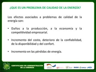 ¿QUE	
  ES	
  UN	
  PROBLEMA	
  DE	
  CALIDAD	
  DE	
  LA	
  ENERGÍA?	
  
Los	
   efectos	
   asociados	
   a	
   problemas	
   de	
   calidad	
   de	
   la	
  
energía	
  son:	
  
	
  
• Daños	
   a	
   la	
   producción,	
   a	
   la	
   economía	
   y	
   la	
  
compeAAvidad	
  empresarial.	
  
• Incremento	
   del	
   costo,	
   deterioro	
   de	
   la	
   conﬁabilidad,	
  
de	
  la	
  disponibilidad	
  y	
  del	
  confort.	
  
	
  	
  
• Incremento	
  en	
  las	
  pérdidas	
  de	
  energía.	
  
	
  
	
  
 