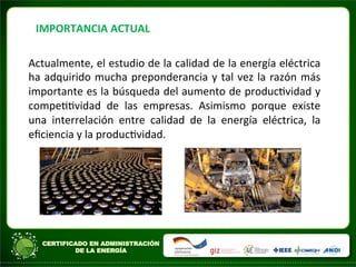 IMPORTANCIA	
  ACTUAL	
  
Actualmente,	
  el	
  estudio	
  de	
  la	
  calidad	
  de	
  la	
  energía	
  eléctrica	
  
ha	
  adquirido	
  mucha	
  preponderancia	
  y	
  tal	
  vez	
  la	
  razón	
  más	
  
importante	
  es	
  la	
  búsqueda	
  del	
  aumento	
  de	
  producAvidad	
  y	
  
compeAAvidad	
   de	
   las	
   empresas.	
   Asimismo	
   porque	
   existe	
  
una	
   interrelación	
   entre	
   calidad	
   de	
   la	
   energía	
   eléctrica,	
   la	
  
eﬁciencia	
  y	
  la	
  producAvidad.	
  	
  
	
  
 