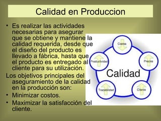 Es realizar las actividades necesarias para asegurar que se obtiene y mantiene la calidad requerida, desde que el diseño del producto es llevado a fábrica, hasta que el producto es entregado al cliente para su utilización. Los objetivos principales del aseguramiento de la calidad en la producción son: Minimizar costos. Maximizar la satisfacción del cliente. Calidad en Produccion 