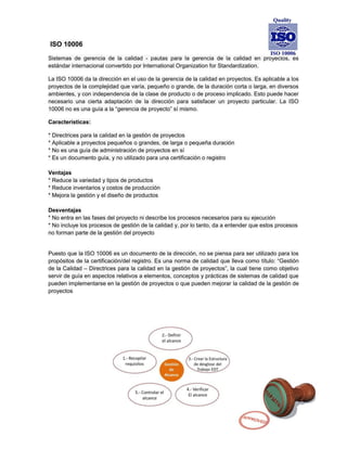 ISO 10006 Sistemas de gerencia de la calidad - pautas para la gerencia de la calidad en proyectos, es estándar internacional convertido por International Organization for Standardization. La ISO 10006 da la dirección en el uso de la gerencia de la calidad en proyectos. Es aplicable a los proyectos de la complejidad que varía, pequeño o grande, de la duración corta o larga, en diversos ambientes, y con independencia de la clase de producto o de proceso implicado. Esto puede hacer necesario una cierta adaptación de la dirección para satisfacer un proyecto particular. La ISO 10006 no es una guía a la “gerencia de proyecto” sí mismo. Características: * Directrices para la calidad en la gestión de proyectos * Aplicable a proyectos pequeños o grandes, de larga o pequeña duración * No es una guía de administración de proyectos en sí * Es un documento guía, y no utilizado para una certificación o registro Ventajas * Reduce la variedad y tipos de productos * Reduce inventarios y costos de producción * Mejora la gestión y el diseño de productos Desventajas * No entra en las fases del proyecto ni describe los procesos necesarios para su ejecución * No incluye los procesos de gestión de la calidad y, por lo tanto, da a entender que estos procesos no forman parte de la gestión del proyecto 
Puesto que la ISO 10006 es un documento de la dirección, no se piensa para ser utilizado para los propósitos de la certificación/del registro. Es una norma de calidad que lleva como título: “Gestión de la Calidad – Directrices para la calidad en la gestión de proyectos”, la cual tiene como objetivo servir de guía en aspectos relativos a elementos, conceptos y prácticas de sistemas de calidad que pueden implementarse en la gestión de proyectos o que pueden mejorar la calidad de la gestión de proyectos 
 