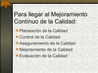 Para llegar al Mejoramiento Contínuo de la Calidad: Planeación de la Calidad Control de la Calidad Aseguramiento de la Calidad Mejoramiento de la Calidad Evaluación de la Calidad 