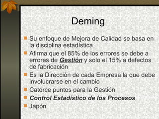 Deming  Su enfoque de Mejora de Calidad se basa en la disciplina estadística Afirma que el 85% de los errores se debe a errores de  Gestión  y solo el 15% a defectos de fabricación Es la Dirección de cada Empresa la que debe involucrarse en el cambio Catorce puntos para la Gestión Control Estadístico de los Procesos Japón 