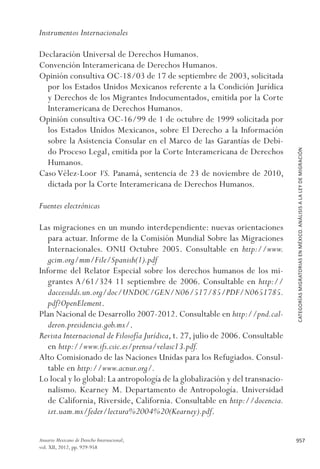 CATEGORÍASMIGRATORIASENMÉXICO.ANÁLISISALALEYDEMIGRACIÓN
957Anuario Mexicano de Derecho Internacional,
vol. XII, 2012, pp. 929-958
Instrumentos Internacionales
Declaración Universal de Derechos Humanos.
Convención Interamericana de Derechos Humanos.
Opinión consultiva OC-18/03 de 17 de septiembre de 2003, solicitada
por los Estados Unidos Mexicanos referente a la Condición Jurídica
y Derechos de los Migrantes Indocumentados, emitida por la Corte
Interamericana de Derechos Humanos.
Opinión consultiva OC-16/99 de 1 de octubre de 1999 solicitada por
los Estados Unidos Mexicanos, sobre El Derecho a la Información
sobre la Asistencia Consular en el Marco de las Garantías de Debi-
do Proceso Legal, emitida por la Corte Interamericana de Derechos
Humanos.
Caso Vélez-Loor VS. Panamá, sentencia de 23 de noviembre de 2010,
dictada por la Corte Interamericana de Derechos Humanos.
Fuentes electrónicas
Las migraciones en un mundo interdependiente: nuevas orientaciones
para actuar. Informe de la Comisión Mundial Sobre las Migraciones
Internacionales. ONU Octubre 2005. Consultable en http://www.
gcim.org/mm/File/Spanish(1).pdf
Informe del Relator Especial sobre los derechos humanos de los mi-
grantes A/61/324 11 septiembre de 2006. Consultable en http://
daccessdds.un.org/doc/UNDOC/GEN/N06/517/85/PDF/N0651785.
pdf?OpenElement.
Plan Nacional de Desarrollo 2007-2012. Consultable en http://pnd.cal-
deron.presidencia.gob.mx/.
Revista Internacional de Filosofía Jurídica, t. 27, julio de 2006. Consultable
en http://www.ifs.csic.es/prensa/velasc13.pdf.
Alto Comisionado de las Naciones Unidas para los Refugiados. Consul-
table en http://www.acnur.org/.
Lo local y lo global: La antropología de la globalización y del transnacio-
nalismo. Kearney M. Departamento de Antropología. Universidad
de California, Riverside, California. Consultable en http://docencia.
izt.uam.mx/feder/lectura%2004%20(Kearney).pdf.
 