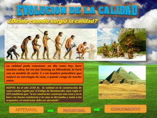 La calidad pudo comenzar, un día como hoy, hace
muchos años; tal vez fue Deming en Mitsubishi, la Ford
con su modelo de coche T, o un hombre paleolítico que
mejoró su estrategia de caza, o quizás venga de mucho
antes.
EGIPTO: En el año 2150 Ac. la calidad en la construcción de
casas estaba regida por el Código de Hammurabi, cuya regla nº
229 establecía que: "si un constructor construye una casa y no lo
hace con buena resistencia y la casa se derrumba y mata a los
ocupantes, el constructor debe ser ejecutado".
 