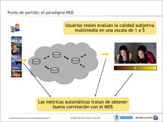 Punto de partida: el paradigma MOS  | Calidad de Experiencia en Servicios Multimedia sobre IP Usuarios reales evalúan la calidad subjetiva multimedia en una escala de 1 a 5 Las métricas automáticas tratan de obtener buena correlación con el MOS 1 5 3 2 4 