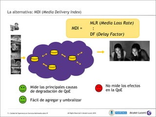 La alternativa: MDI ( Media Delivery Index )  | Calidad de Experiencia en Servicios Multimedia sobre IP Mide las principales causas de degradación de QoE Fácil de agregar y umbralizar No mide los efectos en la QoE MDI = MLR ( Media Loss Rate) DF ( Delay Factor) : 