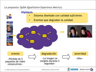 La propuesta: QuEM ( Qualitative Experience Metrics )  | Calidad de Experiencia en Servicios Multimedia sobre IP Sistema diseñado con  calidad suficiente . Eventos que degradan la calidad. evento Hipótesis degradación severidad «Pérdida de 5 paquetes de vídeo consecutivos» «La imagen se congela durante 2 segundos» «Alta» 