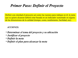 Primer Paso: Definir el Proyecto Definir con claridad el proyecto así como las razones para trabajar en él, la meta  que se quiere alcanzar deberá estar basada en un indicador sustentado en alguna  de las dimensiones de la calidad (tiempo, costo, rendimiento, facilidad, etc). Determinar el tema del proyecto y su ubicación Justificar el proyecto Definir la meta Definir el plan para alcanzar la meta ACCIONES: 