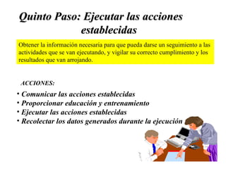 Quinto Paso: Ejecutar las acciones  establecidas Obtener la información necesaria para que pueda darse un seguimiento a las  actividades que se van ejecutando, y vigilar su correcto cumplimiento y los resultados que van arrojando. Comunicar las acciones establecidas Proporcionar educación y entrenamiento Ejecutar las acciones establecidas Recolectar los datos generados durante la ejecución ACCIONES: 