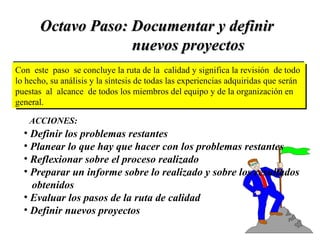 Octavo Paso: Documentar y definir nuevos proyectos Con  este  paso  se concluye la ruta de la  calidad y significa la revisión  de todo  lo hecho, su análisis y la síntesis de todas las experiencias adquiridas que serán  puestas  al  alcance  de todos los miembros del equipo y de la organización en general. Definir los problemas restantes Planear lo que hay que hacer con los problemas restantes Reflexionar sobre el proceso realizado Preparar un informe sobre lo realizado y sobre los resultados obtenidos Evaluar los pasos de la ruta de calidad Definir nuevos proyectos ACCIONES: 