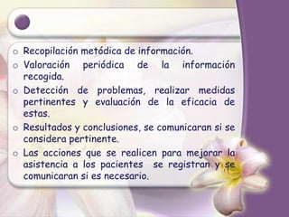 o Recopilación metódica de información.
o Valoración periódica de la información
recogida.
o Detección de problemas, realizar medidas
pertinentes y evaluación de la eficacia de
estas.
o Resultados y conclusiones, se comunicaran si se
considera pertinente.
o Las acciones que se realicen para mejorar la
asistencia a los pacientes se registran y se
comunicaran si es necesario.
 