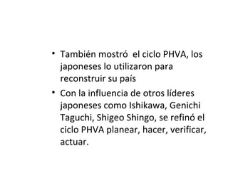 • También mostró el ciclo PHVA, los
japoneses lo utilizaron para
reconstruir su país
• Con la influencia de otros líderes
japoneses como Ishikawa, Genichi
Taguchi, Shigeo Shingo, se refinó el
ciclo PHVA planear, hacer, verificar,
actuar.
 
