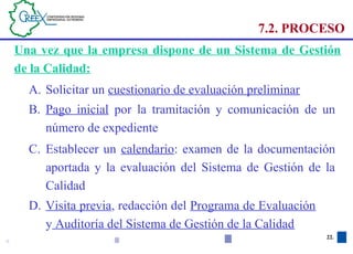 22 22.
Una vez que la empresa dispone de un Sistema de Gestión
de la Calidad:
7.2. PROCESO
A. Solicitar un cuestionario de evaluación preliminar
B. Pago inicial por la tramitación y comunicación de un
número de expediente
C. Establecer un calendario: examen de la documentación
aportada y la evaluación del Sistema de Gestión de la
Calidad
D. Visita previa, redacción del Programa de Evaluación
y Auditoría del Sistema de Gestión de la Calidad
 