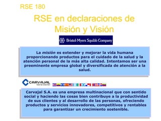 RSE 180

     RSE en declaraciones de
         Misión y Visión

      La misión es extender y mejorar la vida humana
 proporcionando productos para el cuidado de la salud y la
atención personal de la más alta calidad. Intentamos ser una
preeminente empresa global y diversificada de atención a la
                           salud.




  Carvajal S.A. es una empresa multinacional que con sentido
 social y haciendo las cosas bien contribuye a la productividad
   de sus clientes y al desarrollo de las personas, ofreciendo
  productos y servicios innovadores, competitivos y rentables
           para garantizar un crecimiento sostenible.
 