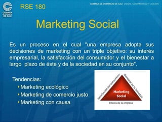 RSE 180


           Marketing Social
Es un proceso en el cual "una empresa adopta sus
decisiones de marketing con un triple objetivo: su interés
empresarial, la satisfacción del consumidor y el bienestar a
largo plazo de éste y de la sociedad en su conjunto".

 Tendencias:
   Marketing ecológico

   Marketing de comercio justo

   Marketing con causa
 