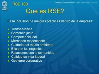 RSE 180

             Que es RSE?
Es la inclusión de mejores prácticas dentro de la empresa:

   Transparencia
   Comercio justo
   Competencia leal
   Mercadeo responsable
   Cuidado del medio ambiente
   Etica en los negocios
   Relaciones con la comunidad
   Calidad de vida laboral
   Gobierno corporativo
 