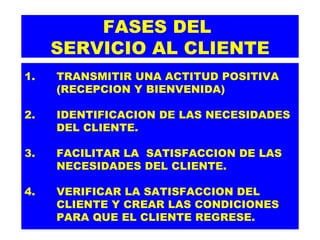 FASES DEL  SERVICIO AL CLIENTE 1. TRANSMITIR UNA ACTITUD POSITIVA (RECEPCION Y BIENVENIDA) 2. IDENTIFICACION DE LAS NECESIDADES DEL CLIENTE. 3.  FACILITAR LA  SATISFACCION DE LAS NECESIDADES DEL CLIENTE. 4. VERIFICAR LA SATISFACCION DEL  CLIENTE Y CREAR LAS CONDICIONES  PARA QUE EL CLIENTE REGRESE. 
