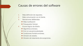 Causas de errores del software
1. Mala definición de requisitos.
2. Mala comunicación con el cliente.
3. Desviaciones deliberadas:
 Mala reutilización
 Presupuesto/ tiempo
4. Errores lógicos de diseño:
 Algoritmos erróneos.
 Error en secuencia planteada.
 Condiciones frontera erróneas.
 Omisión de estados.
 Omisión de tratamiento de excepciones.
 