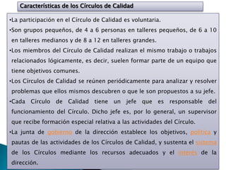 Características de los Círculos de Calidad

•La participación en el Círculo de Calidad es voluntaria.
•Son grupos pequeños, de 4 a 6 personas en talleres pequeños, de 6 a 10
en talleres medianos y de 8 a 12 en talleres grandes.
•Los miembros del Círculo de Calidad realizan el mismo trabajo o trabajos
relacionados lógicamente, es decir, suelen formar parte de un equipo que
tiene objetivos comunes.
•Los Círculos de Calidad se reúnen periódicamente para analizar y resolver
problemas que ellos mismos descubren o que le son propuestos a su jefe.
•Cada Círculo de Calidad        tiene un jefe que es responsable del
funcionamiento del Círculo. Dicho jefe es, por lo general, un supervisor
que recibe formación especial relativa a las actividades del Círculo.
•La junta de gobierno de la dirección establece los objetivos, política y
pautas de las actividades de los Círculos de Calidad, y sustenta el sistema
de los Círculos mediante los recursos adecuados y el interés de la
dirección.
 