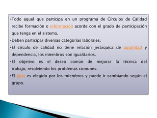 •Todo aquel que participa en un programa de Círculos de Calidad
recibe formación o información acorde con el grado de participación
que tenga en el sistema.
•Deben participar diversas categorías laborales.
•El círculo de calidad no tiene relación jerárquica de autoridad y
dependencia, los miembros son igualitarios.
•El   objetivo   es   el   deseo   común   de   mejorar   la   técnica   del
trabajo, resolviendo los problemas comunes.
•El líder es elegido por los miembros y puede ir cambiando según el
grupo.
 