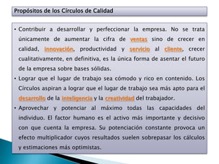 Propósitos de los Círculos de Calidad


• Contribuir a desarrollar y perfeccionar la empresa. No se trata
 únicamente de aumentar la cifra de ventas sino de crecer en
 calidad, innovación, productividad y servicio al cliente, crecer
 cualitativamente, en definitiva, es la única forma de asentar el futuro
 de la empresa sobre bases sólidas.
• Lograr que el lugar de trabajo sea cómodo y rico en contenido. Los
 Círculos aspiran a lograr que el lugar de trabajo sea más apto para el
 desarrollo de la inteligencia y la creatividad del trabajador.
• Aprovechar y potenciar al máximo todas las capacidades del
 individuo. El factor humano es el activo más importante y decisivo
 con que cuenta la empresa. Su potenciación constante provoca un
 efecto multiplicador cuyos resultados suelen sobrepasar los cálculos
 y estimaciones más optimistas.
 