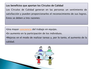Los beneficios que aportan los Círculos de Calidad
Los Círculos de Calidad generan en las personas un sentimiento de
satisfacción y pueden proporcionarles el reconocimiento de sus logros.
Estos se deben a tres razones:



•Una mayor conciencia del trabajo en equipo.
•En aumento en la participación de los individuos.
•Mejoras en el modo de realizar tareas y, por lo tanto, el aumento de la
calidad.
 