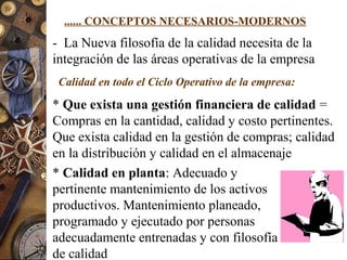 ...... CONCEPTOS NECESARIOS-MODERNOS
- La Nueva filosofía de la calidad necesita de la
integración de las áreas operativas de la empresa
Calidad en todo el Ciclo Operativo de la empresa:
* Que exista una gestión financiera de calidad =
Compras en la cantidad, calidad y costo pertinentes.
Que exista calidad en la gestión de compras; calidad
en la distribución y calidad en el almacenaje
* Calidad en planta: Adecuado y
pertinente mantenimiento de los activos
productivos. Mantenimiento planeado,
programado y ejecutado por personas
adecuadamente entrenadas y con filosofía
de calidad
 