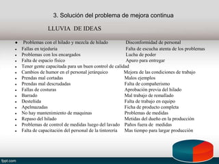 3. Solución del problema de mejora continua
● Problemas con el hilado y mezcla de hilado Disconformidad de personal
● Fallas en tejeduria Falta de escucha atenta de los problemas
● Problemas con los encargados Lucha de poder
● Falta de espacio físico Apuro para entregar
● Tener gente capacitada para un buen control de calidad
● Cambios de humor en el personal jerárquico Mejora de las condiciones de trabajo
● Prendas mal cortadas Malos ejemplos
● Prendas mal descrudadas Falta de compañerismo
● Fallas de costuras Aprobación previa del hilado
● Barrado Mal trabajo de remallado
● Desteñida Falta de trabajo en equipo
● Apelmazadas Ficha de producto completa
● No hay mantenimiento de maquinas Problemas de medidas
● Repaso del hilado Metidas del dueño en la producción
● Problemas de control de medidas luego del lavado Paños fuera de medidas
● Falta de capacitación del personal de la tintorería Mas tiempo para largar producción
LLUVIA DE IDEAS
 