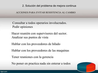 2. Solución del problema de mejora continua
ACCIONES PARA EVITAR RESISTENCIA AL CAMBIO
Consultar a todos operarios involucrados.
Pedir opiniones
Hacer reunión con supervisores del sector.
Analizar sus puntos de vista
Hablar con los proveedores de hilado
Hablar con los proveedores de las maquinas
Tener reuniones con la gerencia
No poner en practica nada sin enterar a todos
 