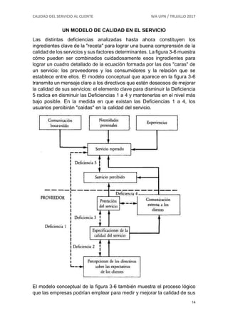 CALIDAD DEL SERVICIO AL CLIENTE WA UPN / TRUJILLO 2017
14
UN MODELO DE CALIDAD EN EL SERVICIO
Las distintas deficiencias analizadas hasta ahora constituyen los
ingredientes clave de la "receta" para lograr una buena comprensión de la
calidad de los servicios y sus factores determinantes. La figura 3-6 muestra
cómo pueden ser combinados cuidadosamente esos ingredientes para
lograr un cuadro detallado de la ecuación formada por las dos "caras" de
un servicio: los proveedores y los consumidores y la relación que se
establece entre ellos. El modelo conceptual que aparece en la figura 3-6
transmite un mensaje claro a los directivos que estén deseosos de mejorar
la calidad de sus servicios: el elemento clave para disminuir la Deficiencia
5 radica en disminuir las Deficiencias 1 a 4 y mantenerlas en el nivel más
bajo posible. En la medida en que existan las Deficiencias 1 a 4, los
usuarios percibirán "caídas" en la calidad del servicio.
El modelo conceptual de la figura 3-6 también muestra el proceso lógico
que las empresas podrían emplear para medir y mejorar la calidad de sus
 