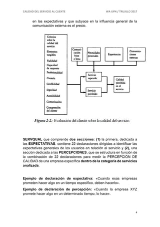 CALIDAD DEL SERVICIO AL CLIENTE WA UPN / TRUJILLO 2017
4
en las expectativas y que subyace en la influencia general de la
comunicación externa es el precio.
SERVQUAL que comprende dos secciones: (1) la primera, dedicada a
las EXPECTATIVAS, contiene 22 declaraciones dirigidas a identificar las
expectativas generales de los usuarios en relación al servicio y (2), una
sección dedicada a las PERCEPCIONES, que se estructura en función de
la combinación de 22 declaraciones para medir la PERCEPCIÓN DE
CALIDAD de una empresa específica dentro de la categoría de servicios
analizada.
Ejemplo de declaración de expectativa: «Cuando esas empresas
prometen hacer algo en un tiempo específico, deben hacerlo».
Ejemplo de declaración de percepción: «Cuando la empresa XYZ
promete hacer algo en un determinado tiempo, lo hace».
 